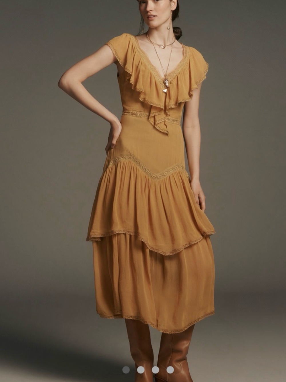 Anthropologie Mustard Tiered Maxi Dress with Ruffle V-Neck short sleeve dress
